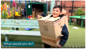 Children playing in a cardboard box.